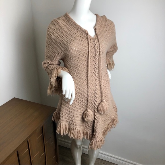 Hand knit sweater dress Fringed Poncho Style